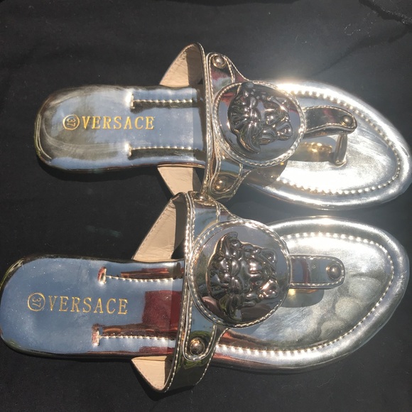Versace “Pallazo” Gold Thong Sandals - Picture 2 of 5